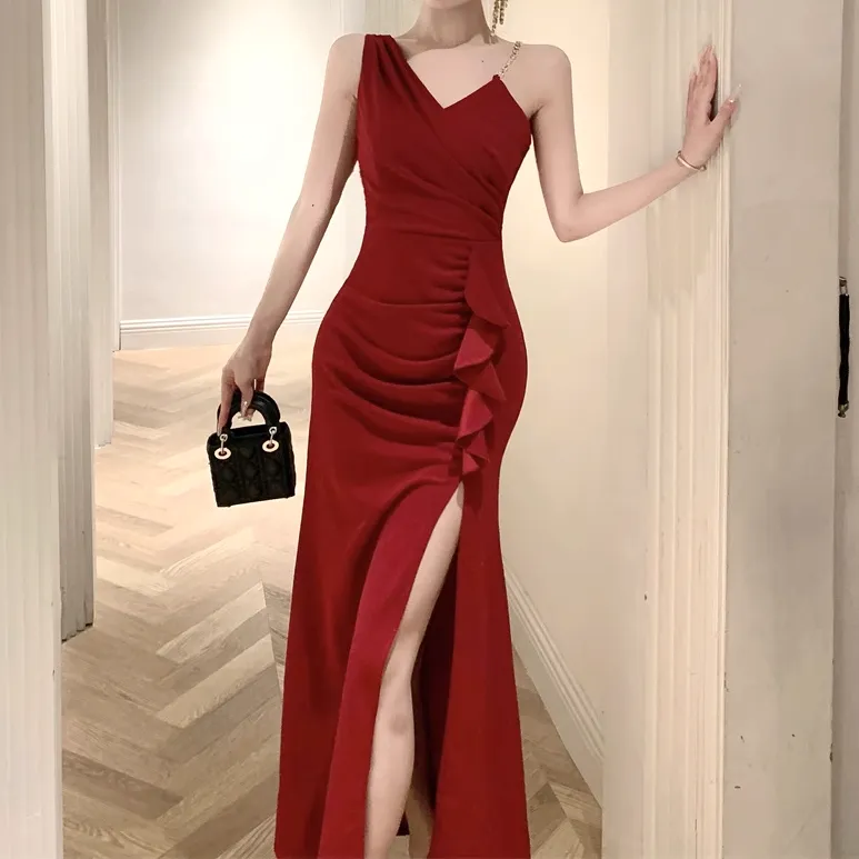 Asymmetrical Slit Slim Fit Prom Party Slip Dress