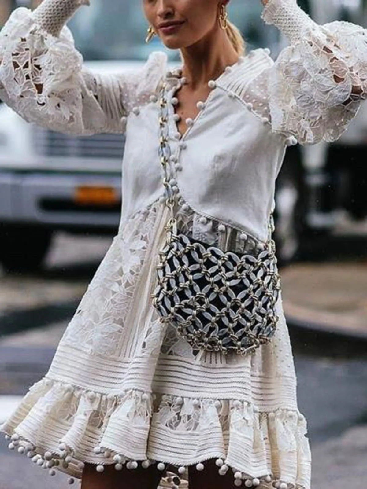 Balloon Sleeve Cutout V Neck High Low Skirts