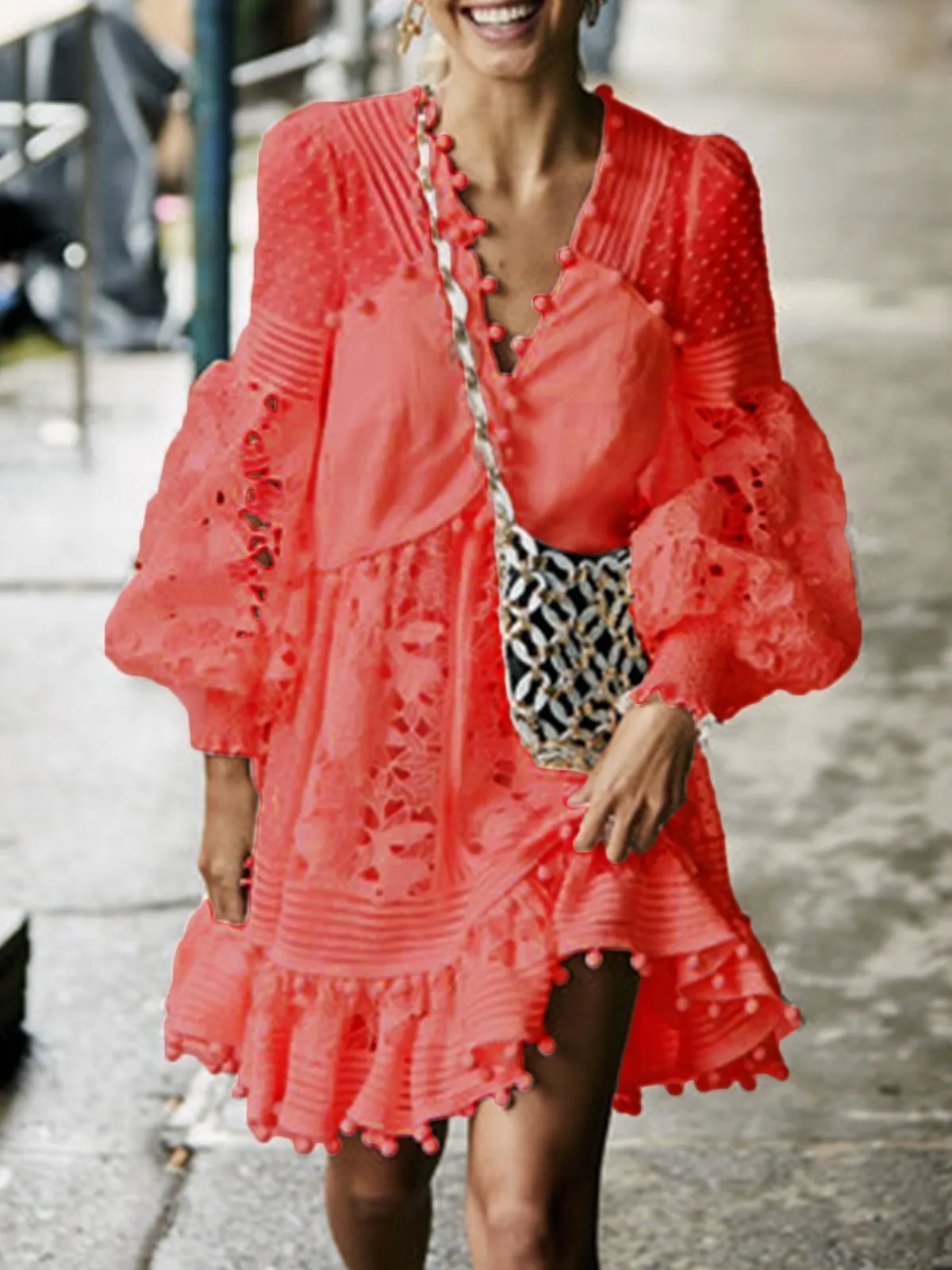 Balloon Sleeve Cutout V Neck High Low Skirts
