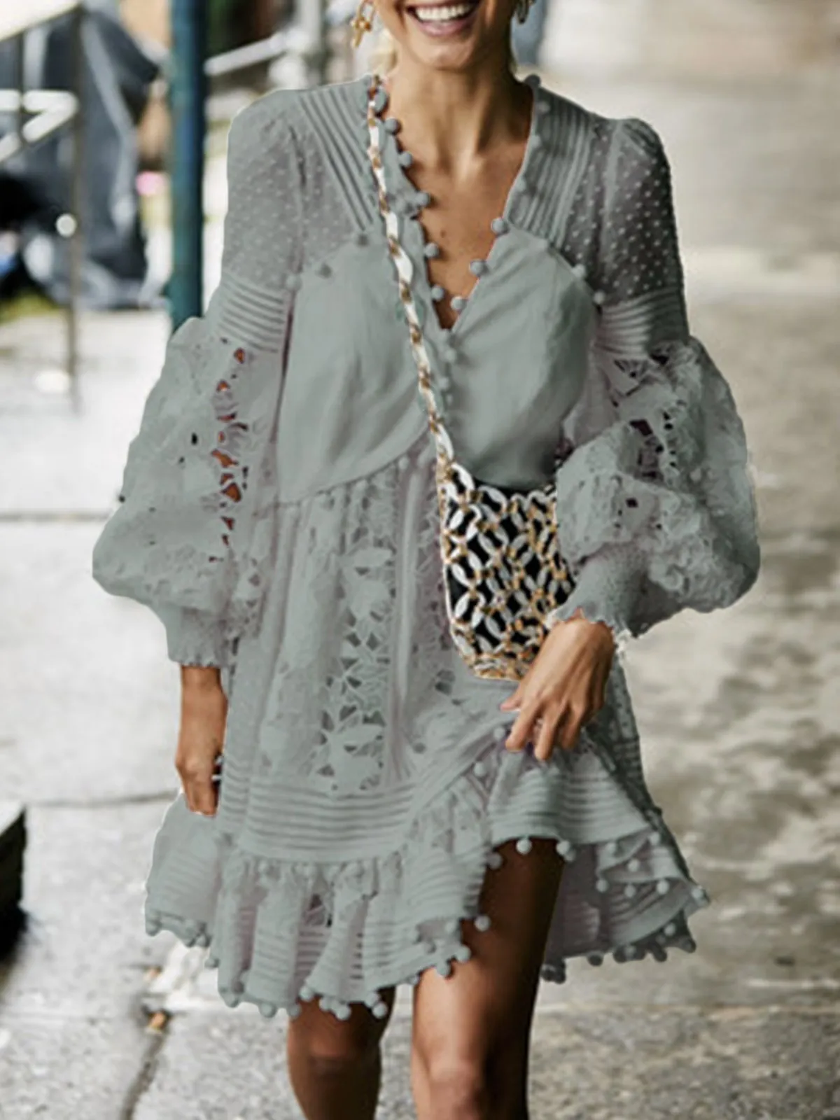 Balloon Sleeve Cutout V Neck High Low Skirts