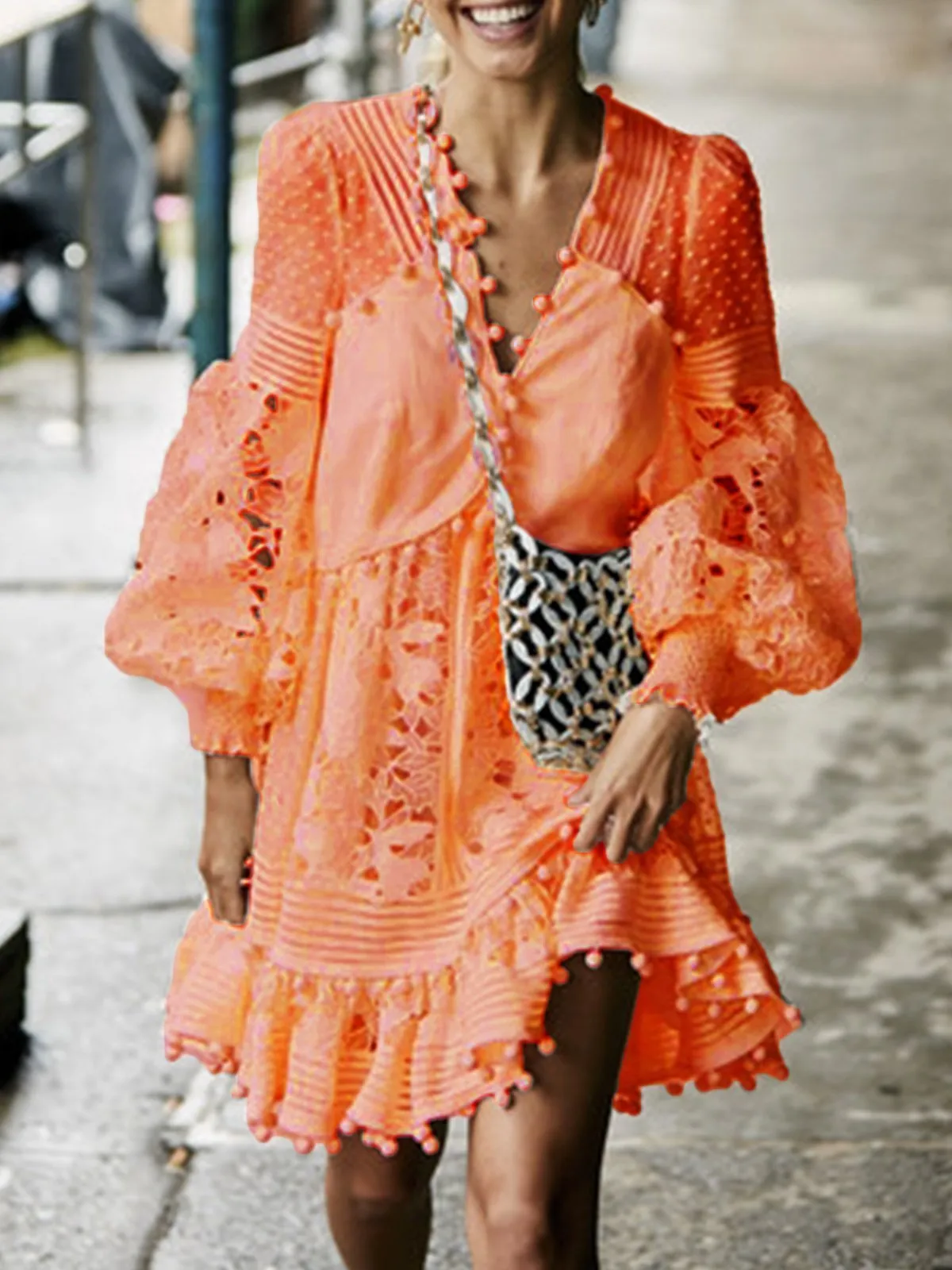 Balloon Sleeve Cutout V Neck High Low Skirts