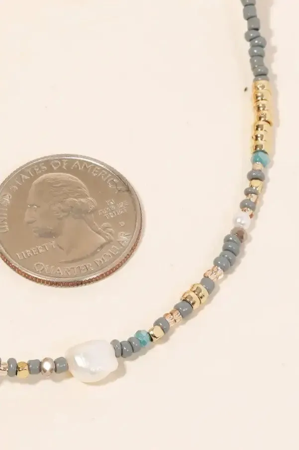 Blue Grey Seed Bead Pearl Pendant Necklace