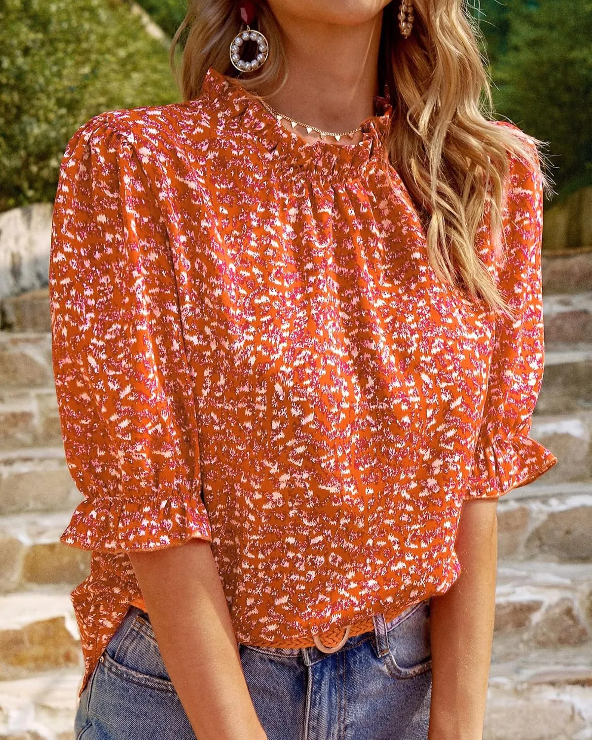 BTFBM Women's Summer Boho Shirt Top Ruffle Short Sleeve Frill Trim Mock Neck Floral Solid 2025 Casual Blouses Shirts Tops