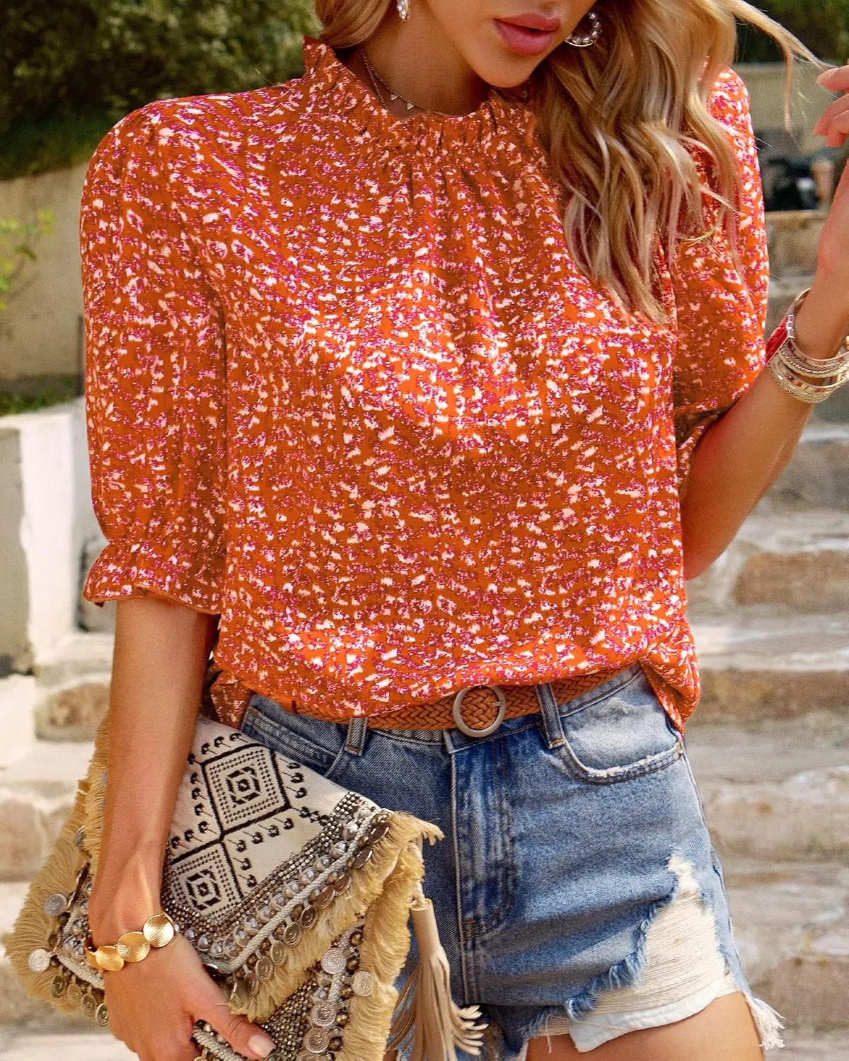 BTFBM Women's Summer Boho Shirt Top Ruffle Short Sleeve Frill Trim Mock Neck Floral Solid 2025 Casual Blouses Shirts Tops