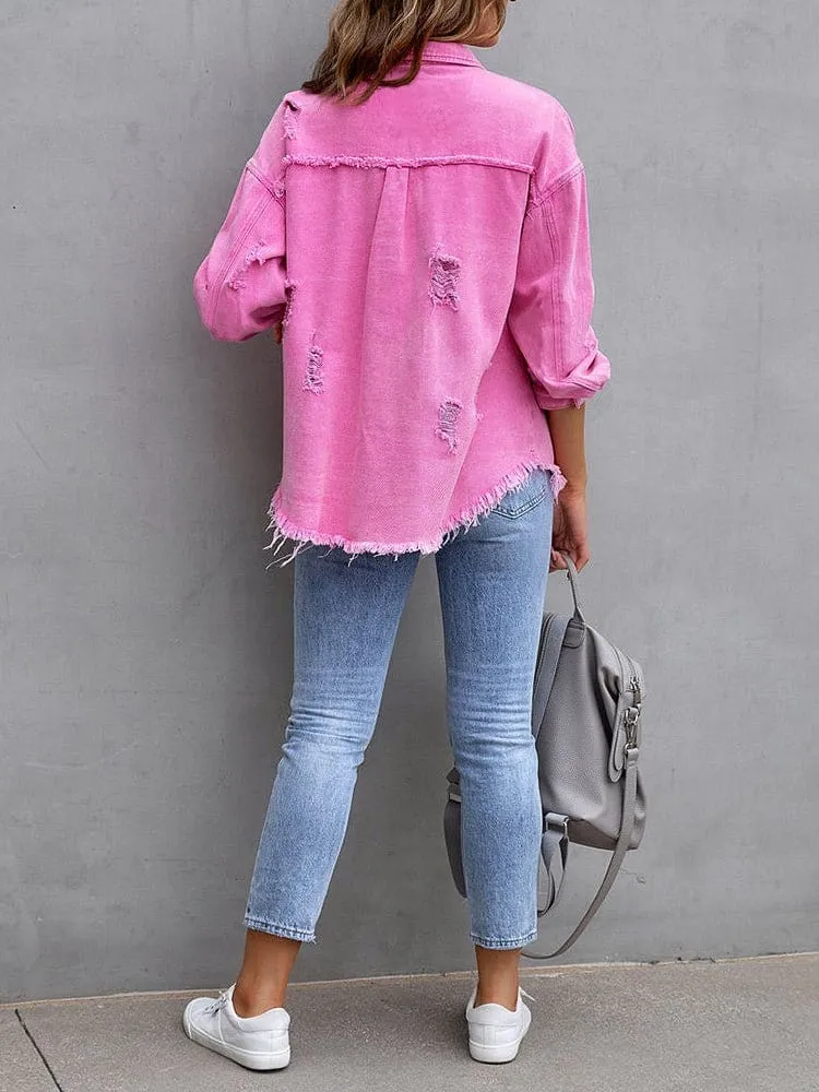 Button-Up Distressed Denim Shirt Jacket