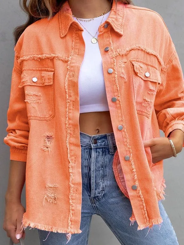 Button-Up Distressed Denim Shirt Jacket