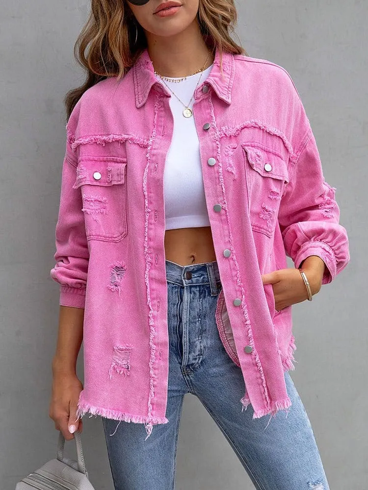 Button-Up Distressed Denim Shirt Jacket