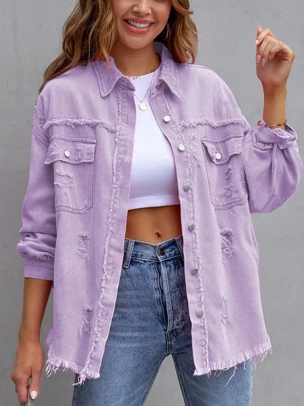 Button-Up Distressed Denim Shirt Jacket