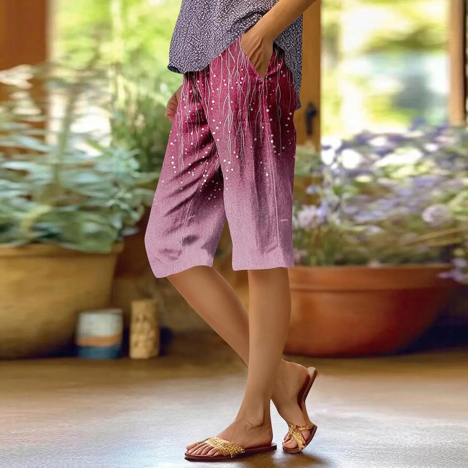 Capri Pants for Women Bermuda Shorts High Waisted Wide Leg Cropped Linen Pants Casual Palazzo Pant with Pockets
