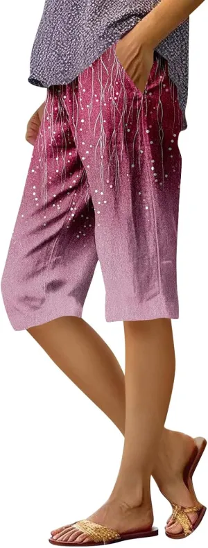 Capri Pants for Women Bermuda Shorts High Waisted Wide Leg Cropped Linen Pants Casual Palazzo Pant with Pockets