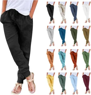 Cotton Linen Pants Women Summer Elastic High Waist Casual Yoga Pants Comfy Lightweight Tapered Joggers with Pockets