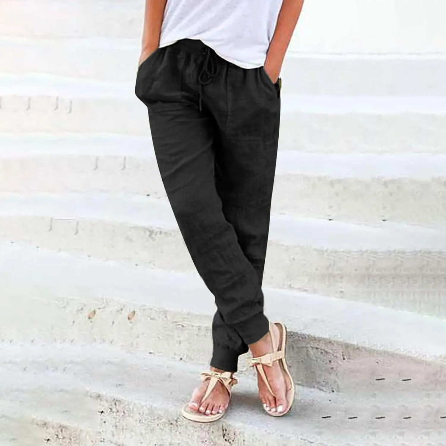 Cotton Linen Pants Women Summer Elastic High Waist Casual Yoga Pants Comfy Lightweight Tapered Joggers with Pockets
