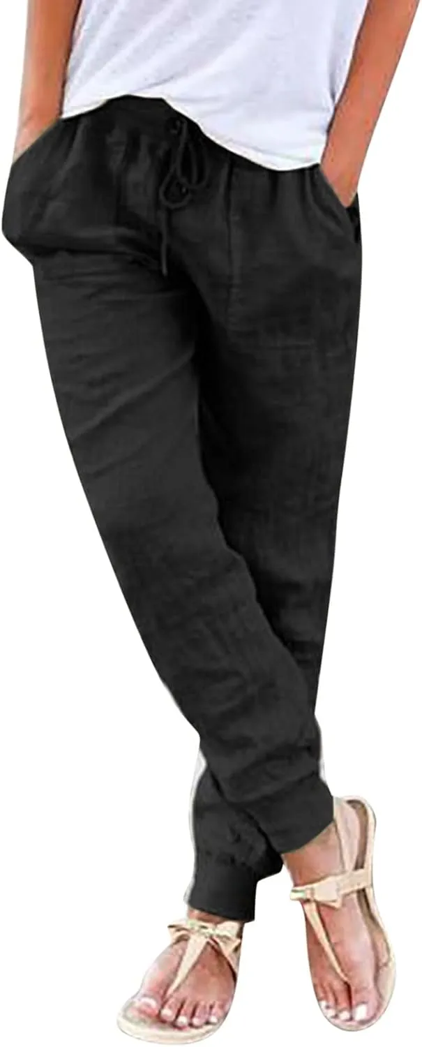 Cotton Linen Pants Women Summer Elastic High Waist Casual Yoga Pants Comfy Lightweight Tapered Joggers with Pockets