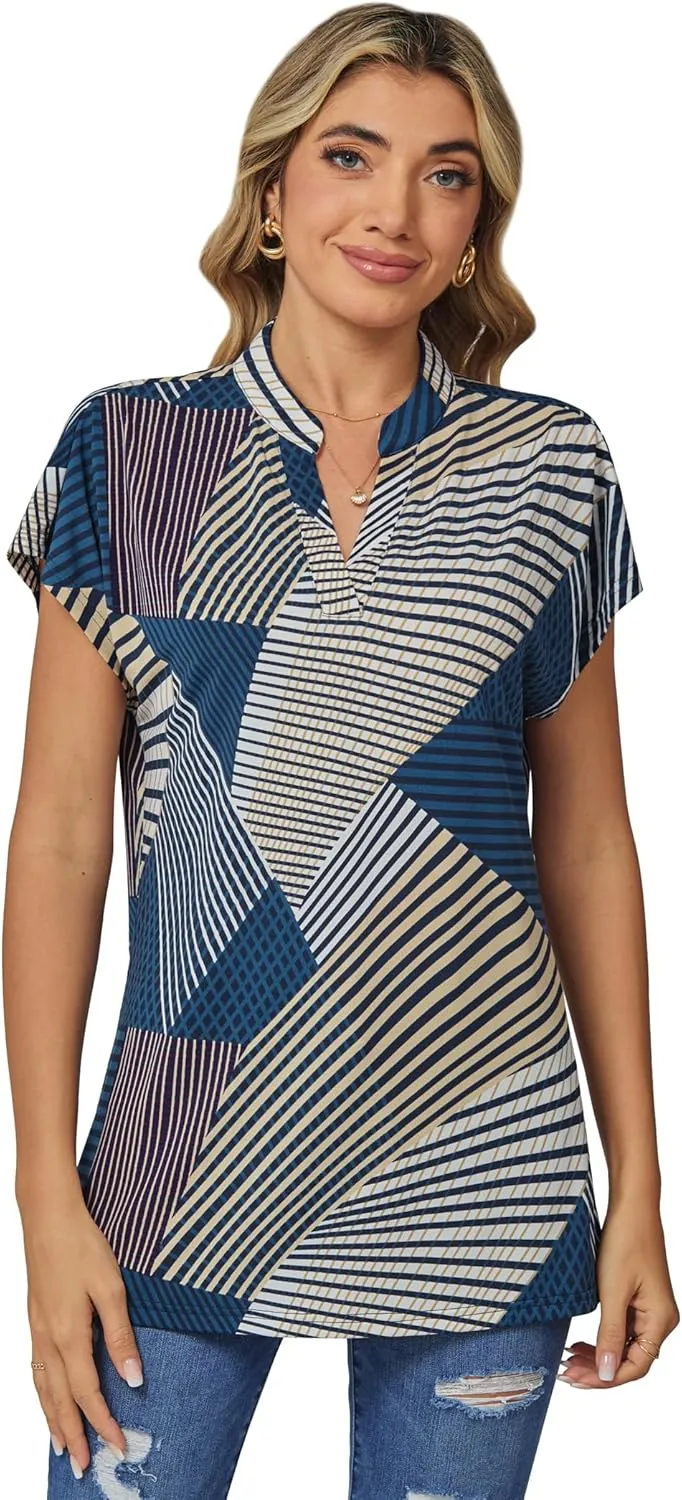 DJT Womens Tops Short Sleeve Shirts Summer Tops Trendy V Neck Loose T-Shirts Dressy Casual Work Blouses