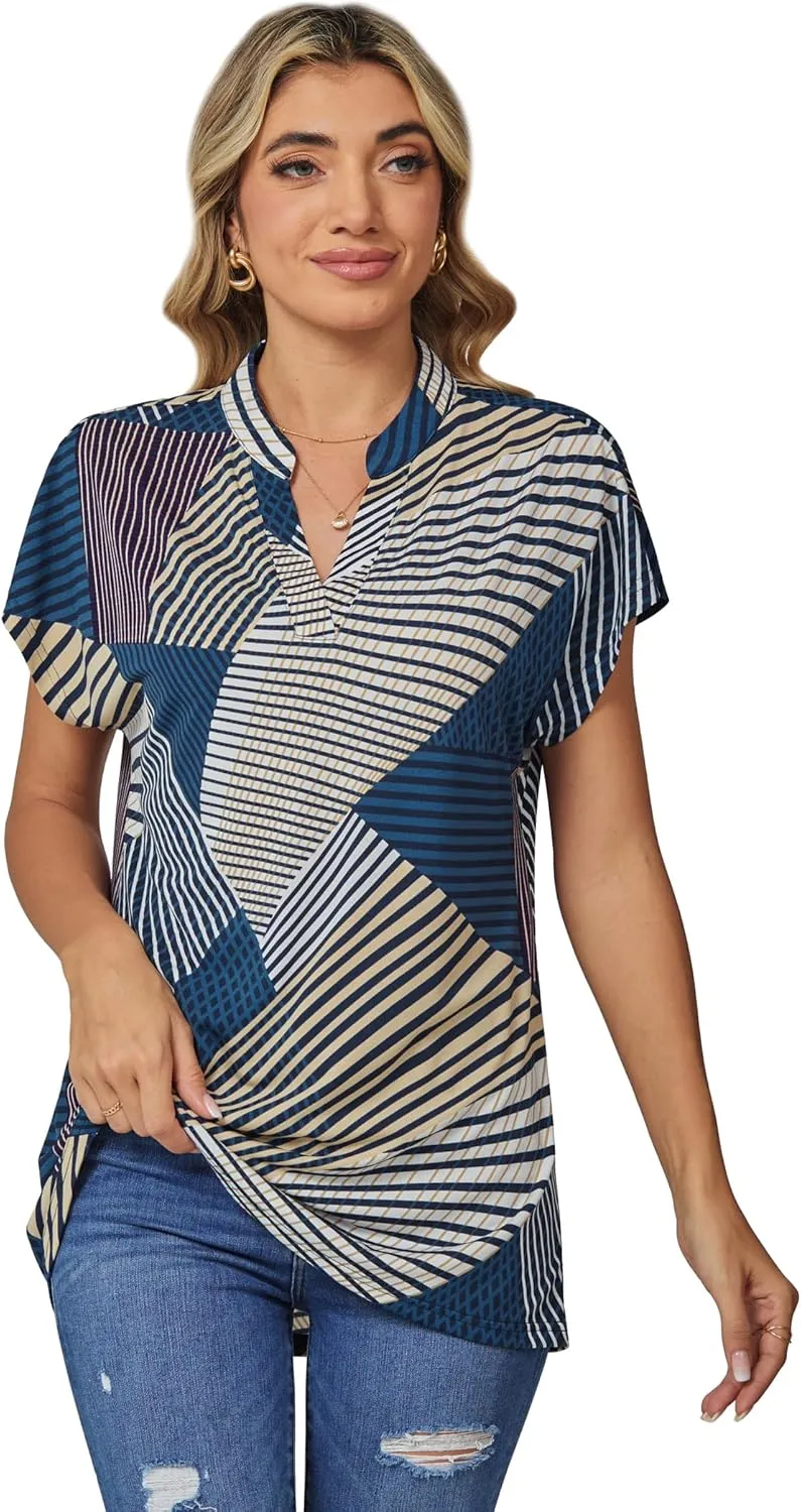 DJT Womens Tops Short Sleeve Shirts Summer Tops Trendy V Neck Loose T-Shirts Dressy Casual Work Blouses