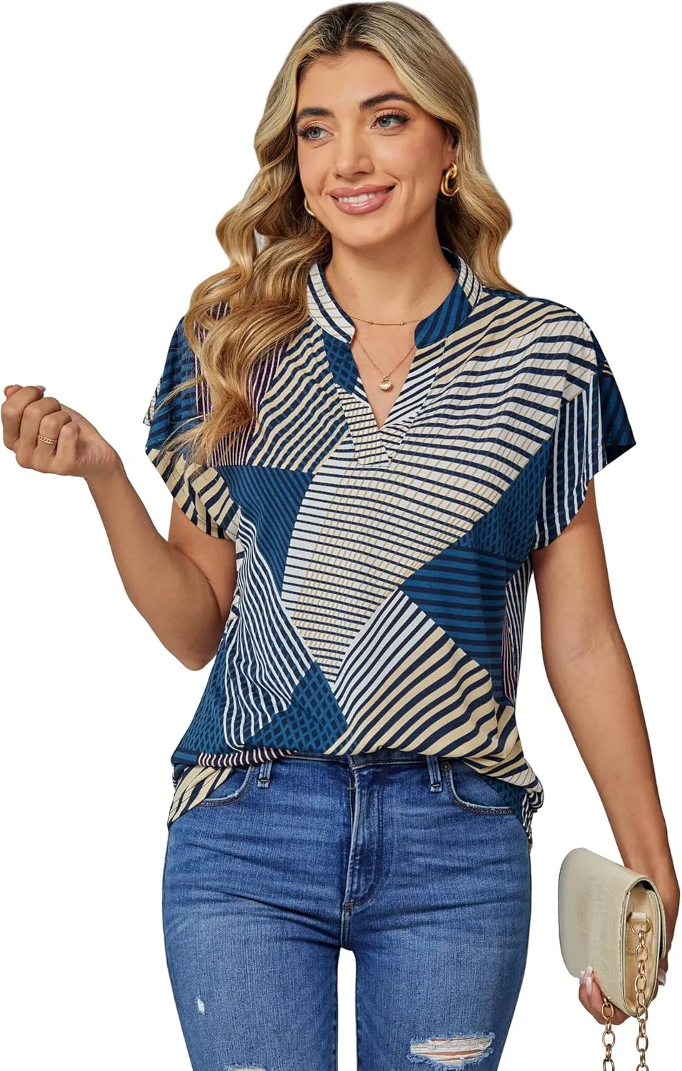 DJT Womens Tops Short Sleeve Shirts Summer Tops Trendy V Neck Loose T-Shirts Dressy Casual Work Blouses