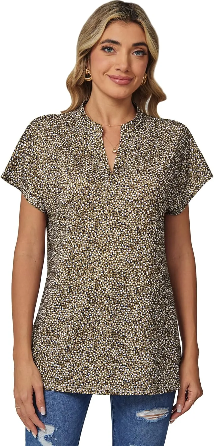 DJT Womens Tops Short Sleeve Shirts Summer Tops Trendy V Neck Loose T-Shirts Dressy Casual Work Blouses