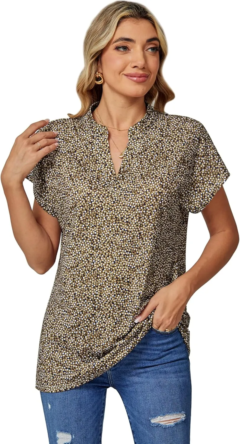 DJT Womens Tops Short Sleeve Shirts Summer Tops Trendy V Neck Loose T-Shirts Dressy Casual Work Blouses