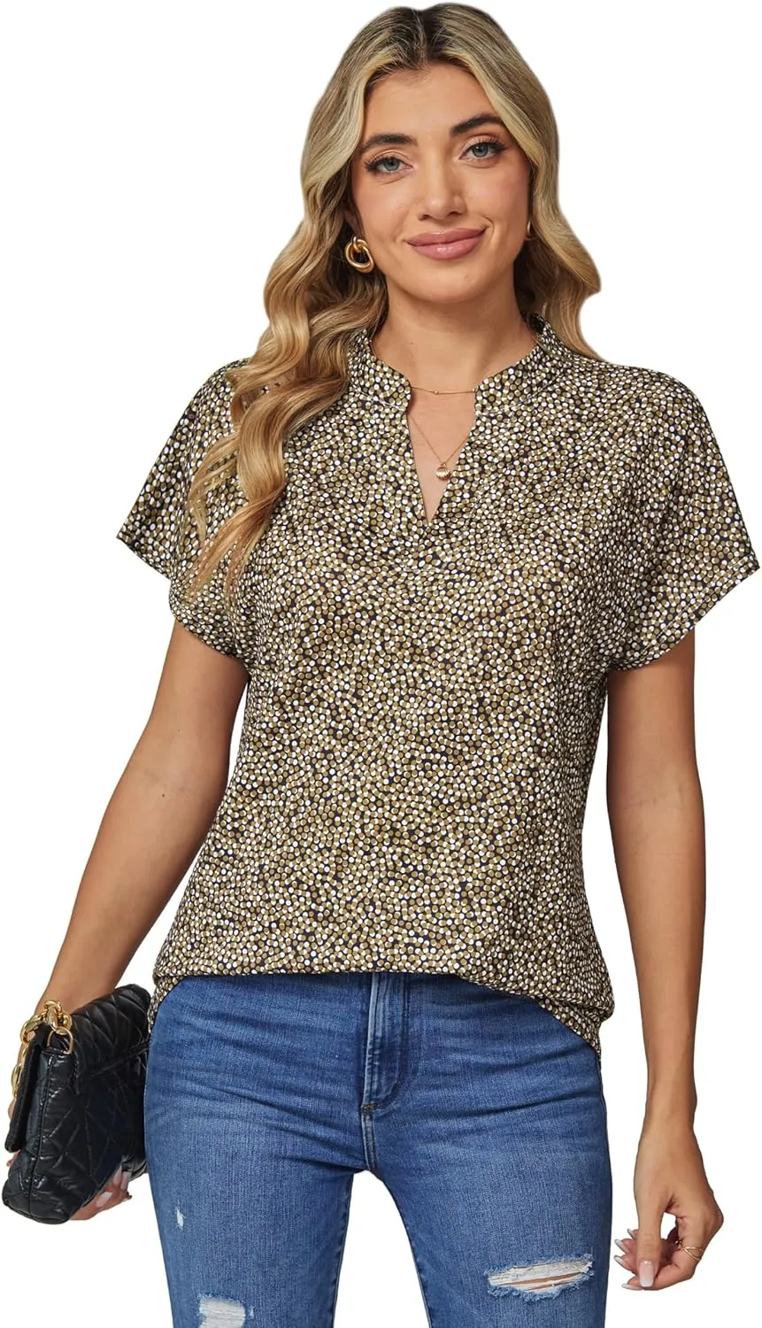 DJT Womens Tops Short Sleeve Shirts Summer Tops Trendy V Neck Loose T-Shirts Dressy Casual Work Blouses