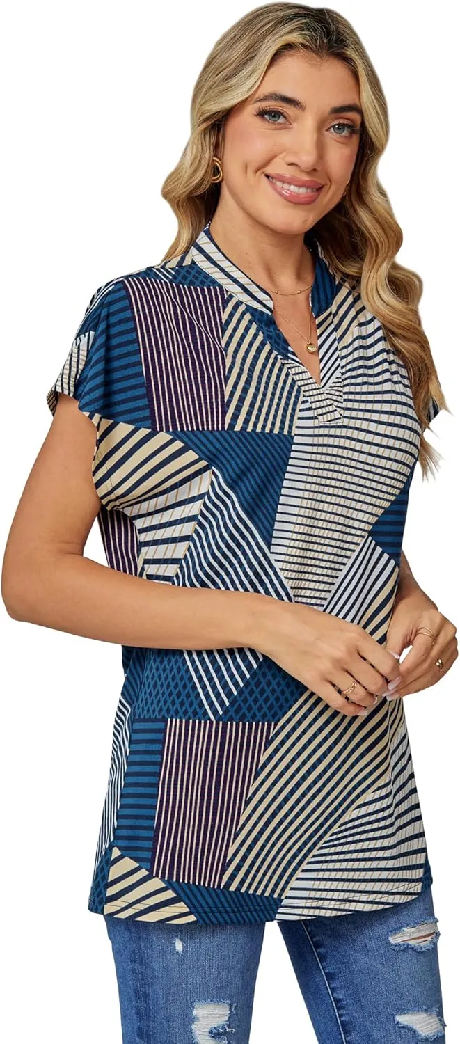 DJT Womens Tops Short Sleeve Shirts Summer Tops Trendy V Neck Loose T-Shirts Dressy Casual Work Blouses