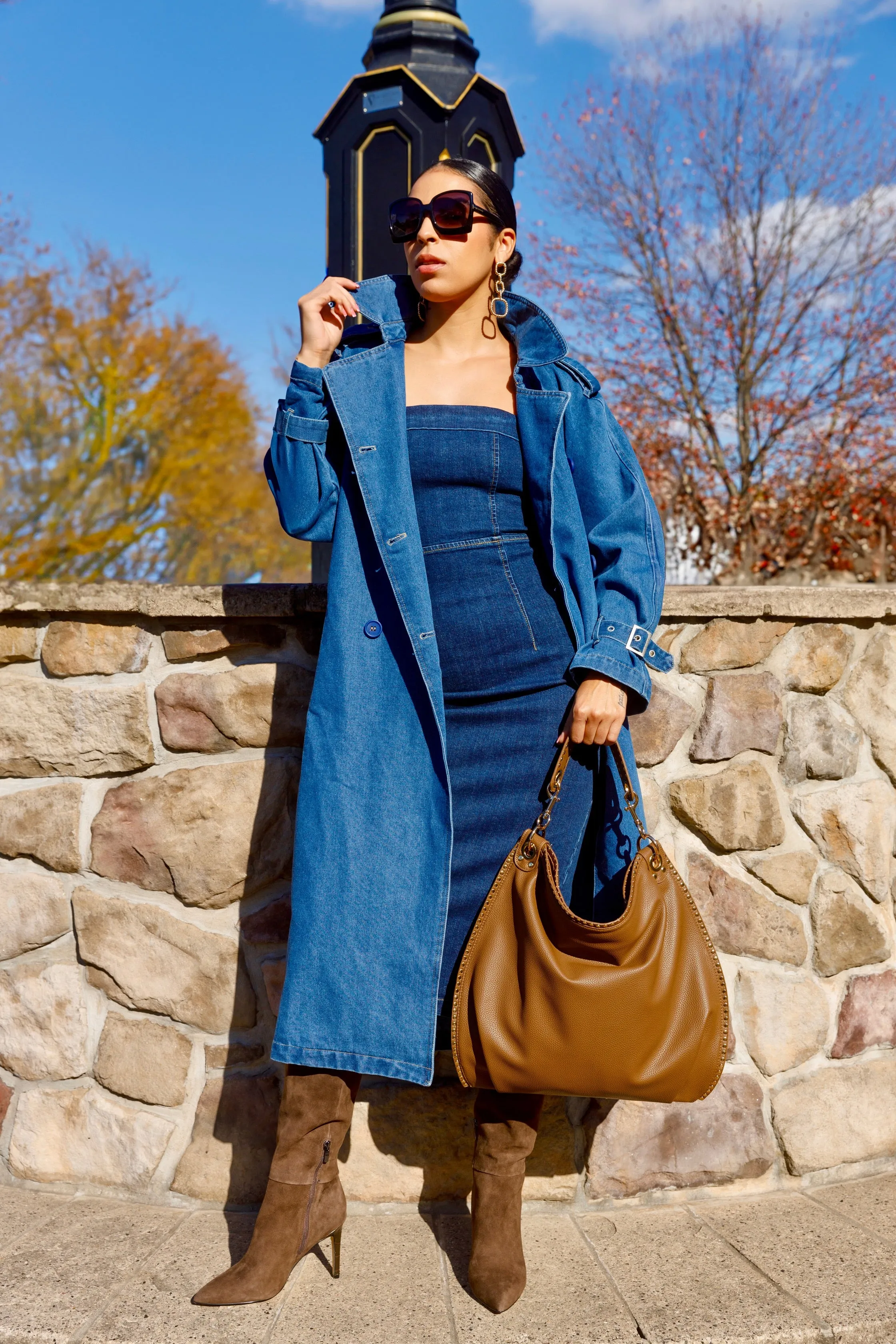 Fashionable Statement Double Breasted Denim Trench Coat