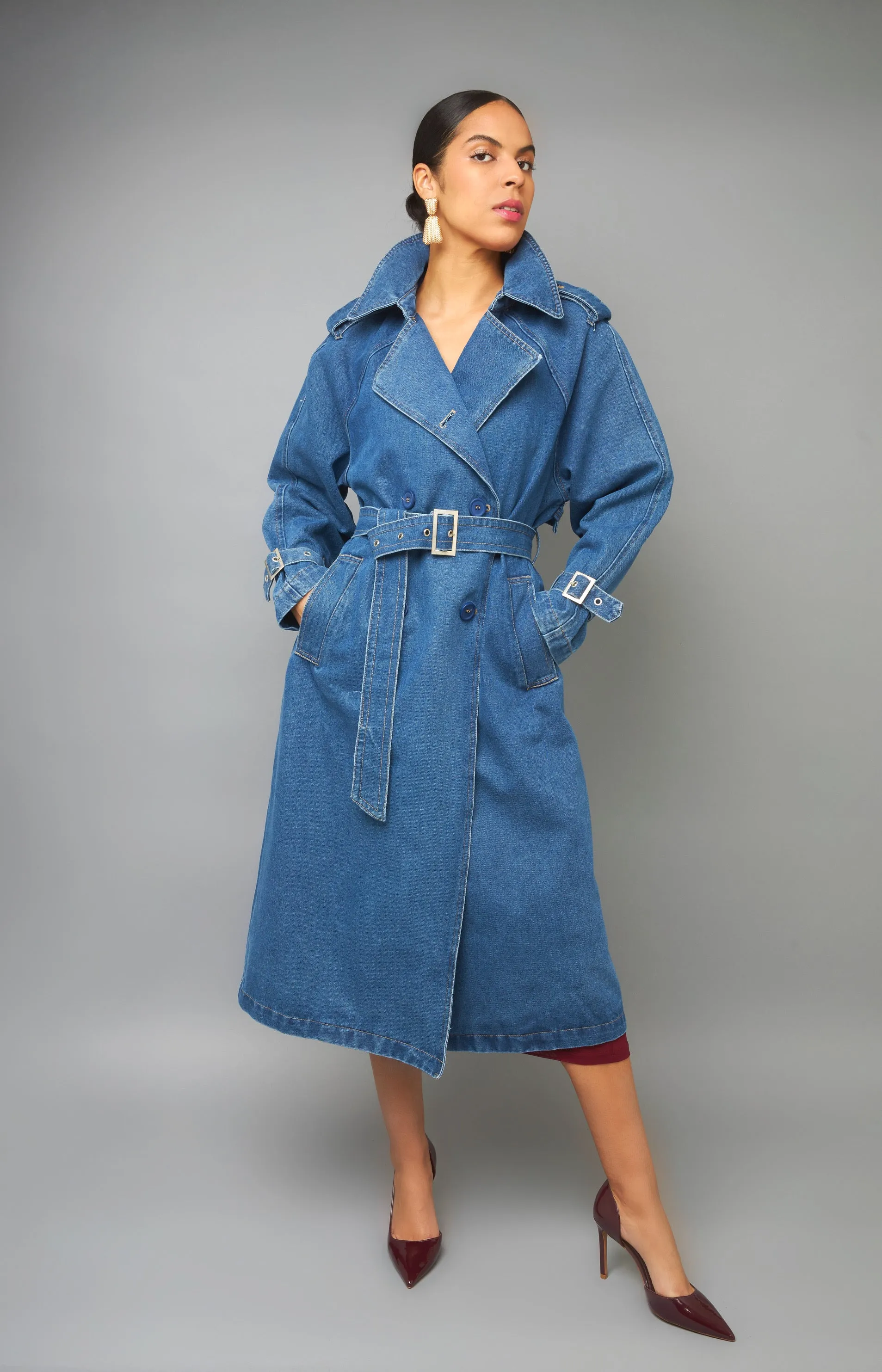 Fashionable Statement Double Breasted Denim Trench Coat