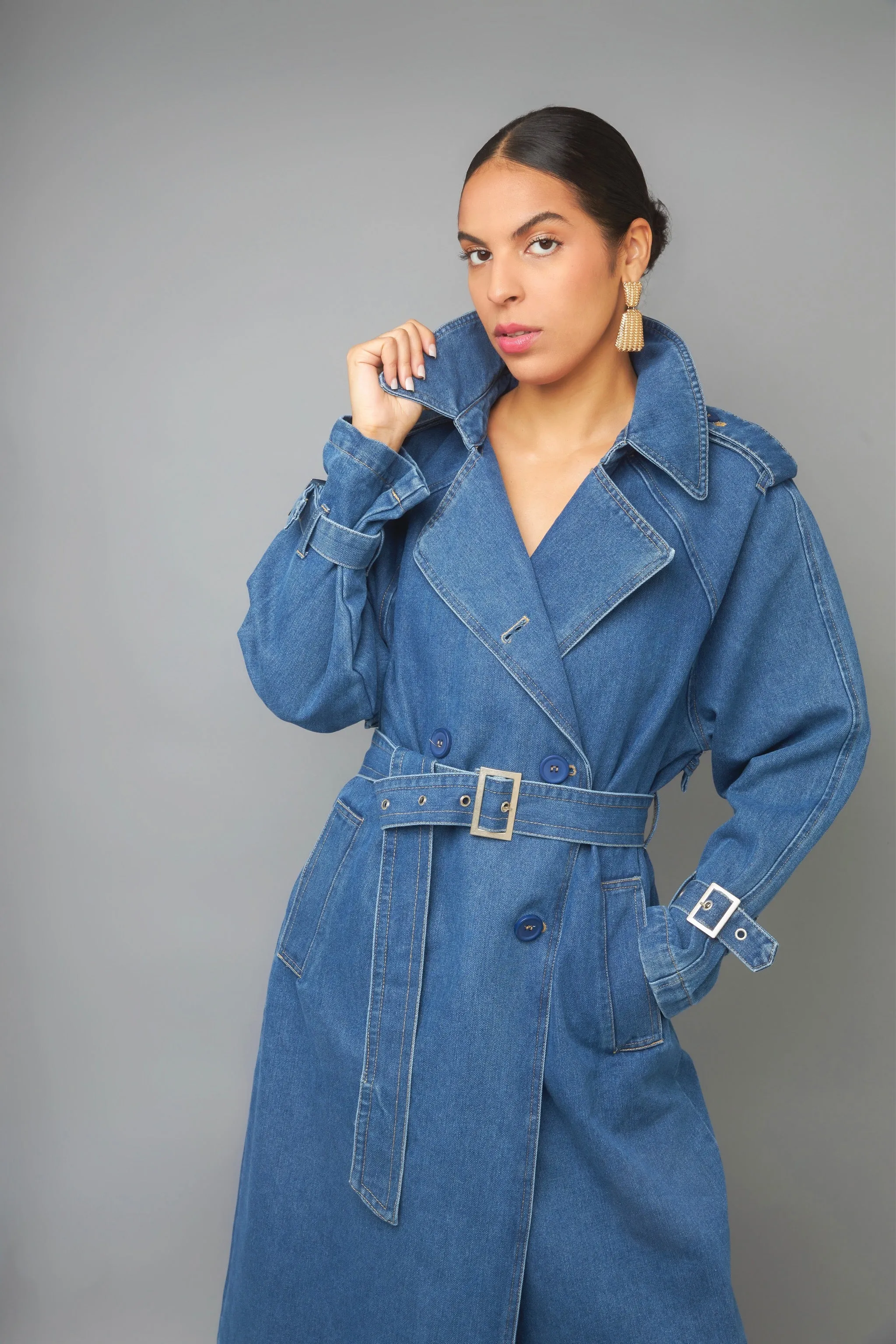 Fashionable Statement Double Breasted Denim Trench Coat