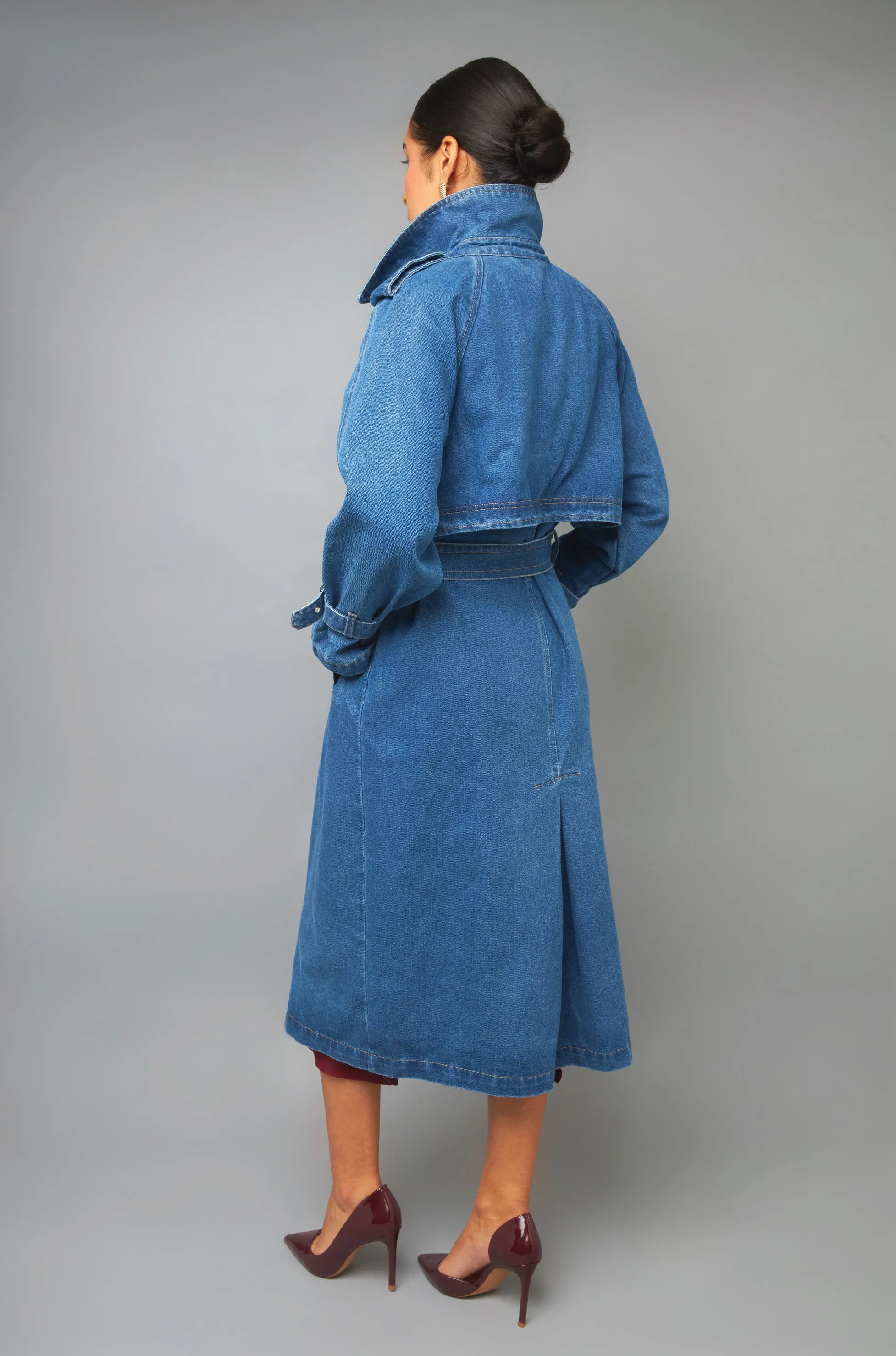 Fashionable Statement Double Breasted Denim Trench Coat