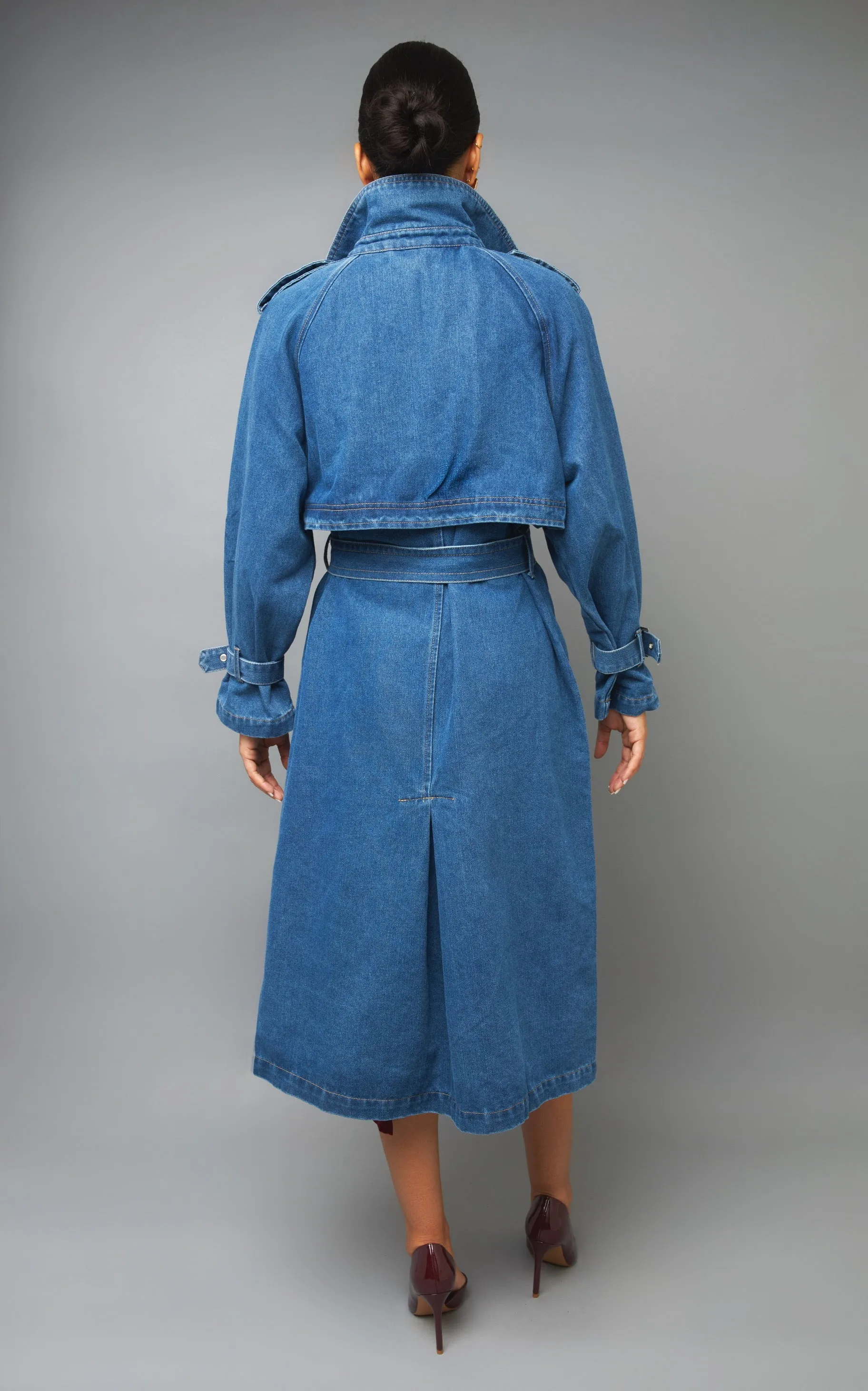 Fashionable Statement Double Breasted Denim Trench Coat