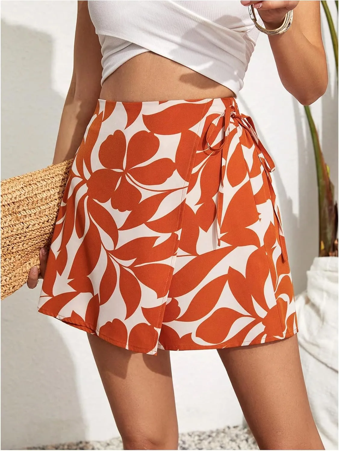 Floerns Women's Solid Wrap Front Linen Skirt Shorts Drawstring Knot Side Skort Shorts