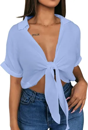 GOBLES Womens Summer Short Sleeve Shirts V Neck Tie Knot Batwing Blouses Tops
