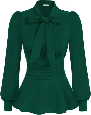 GRACE KARIN Women's 2025 Long Sleeve Peplum Dressy Shirt Office Bow Tie Work Blouses Tops Smocked Waist