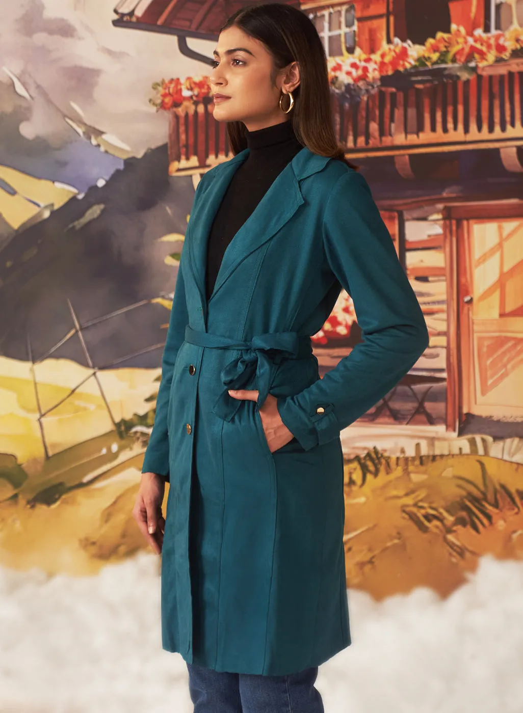 Green long button up suede coat for women with lapel collar and belt