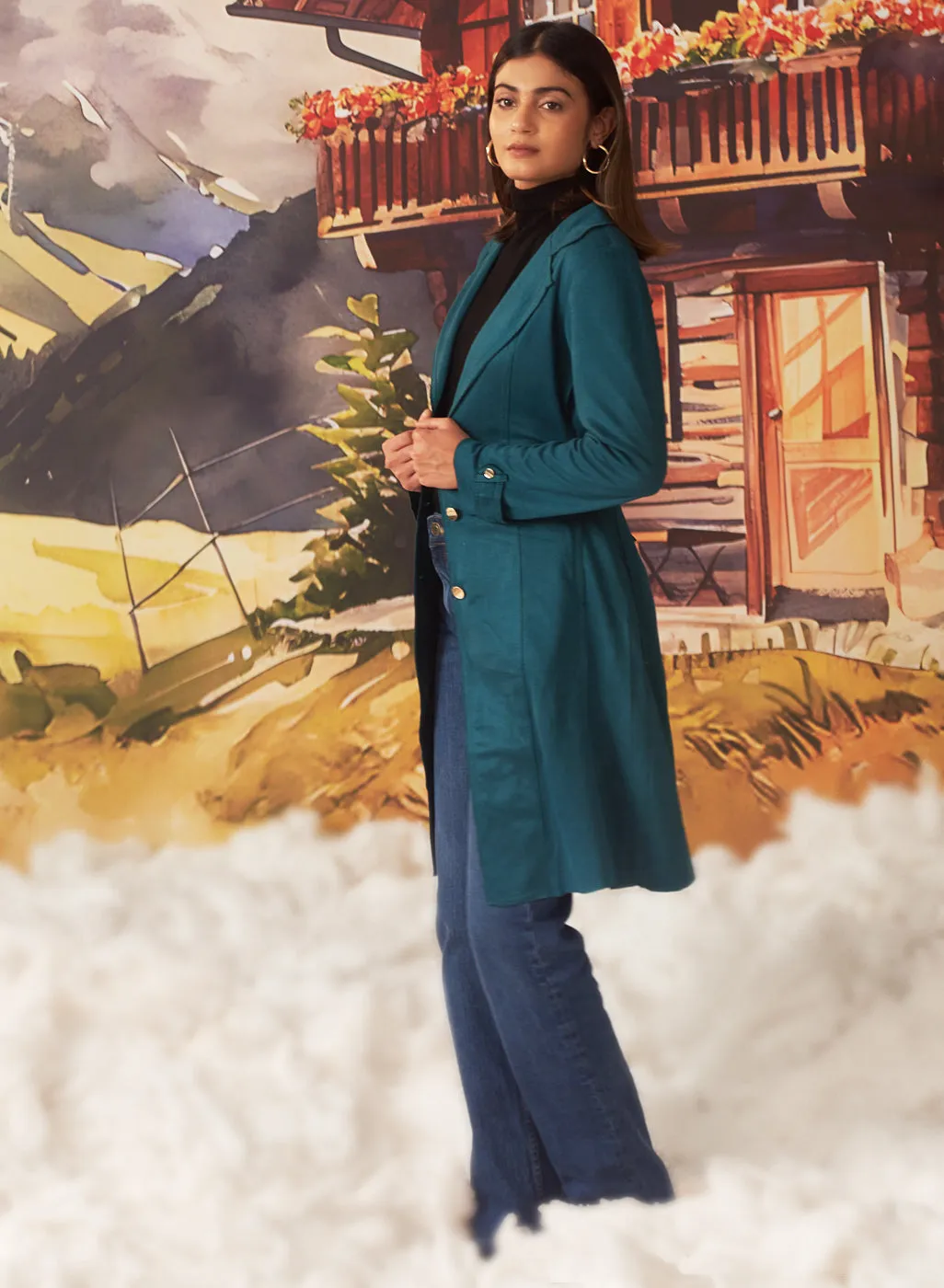 Green long button up suede coat for women with lapel collar and belt