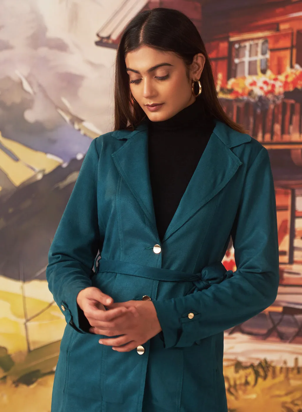 Green long button up suede coat for women with lapel collar and belt