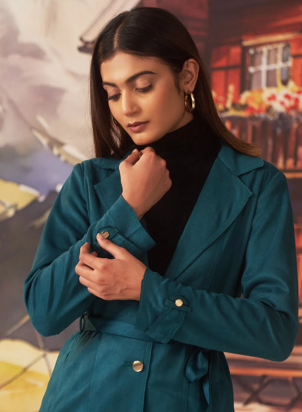 Green long button up suede coat for women with lapel collar and belt