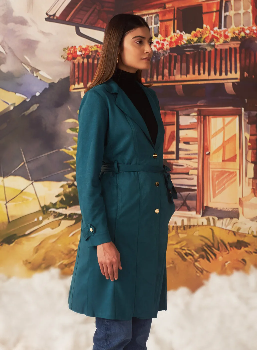 Green long button up suede coat for women with lapel collar and belt