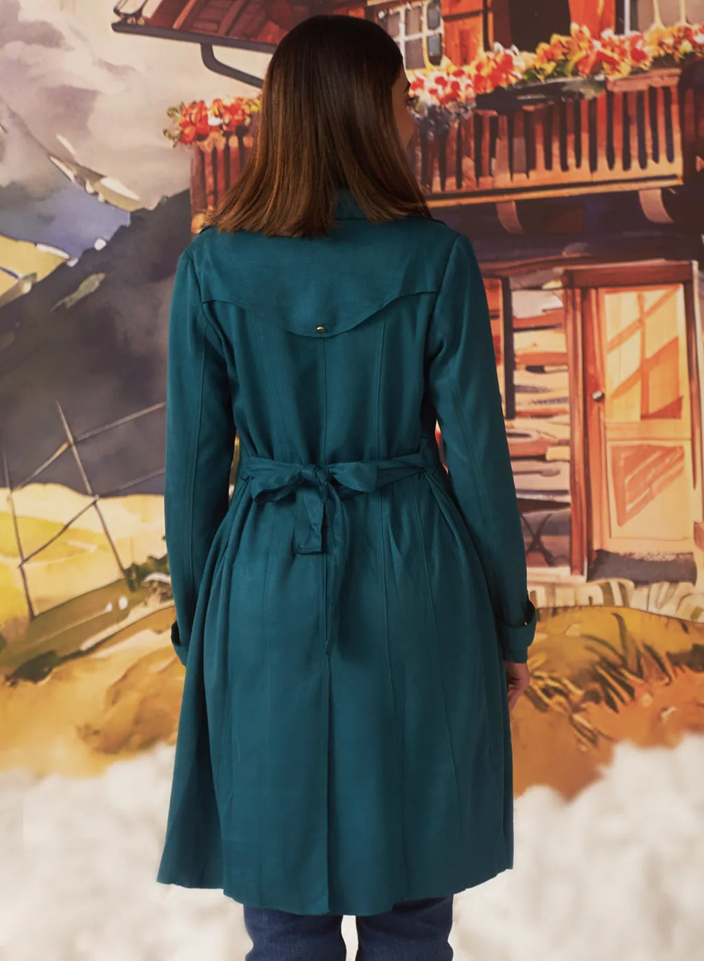 Green long button up suede coat for women with lapel collar and belt