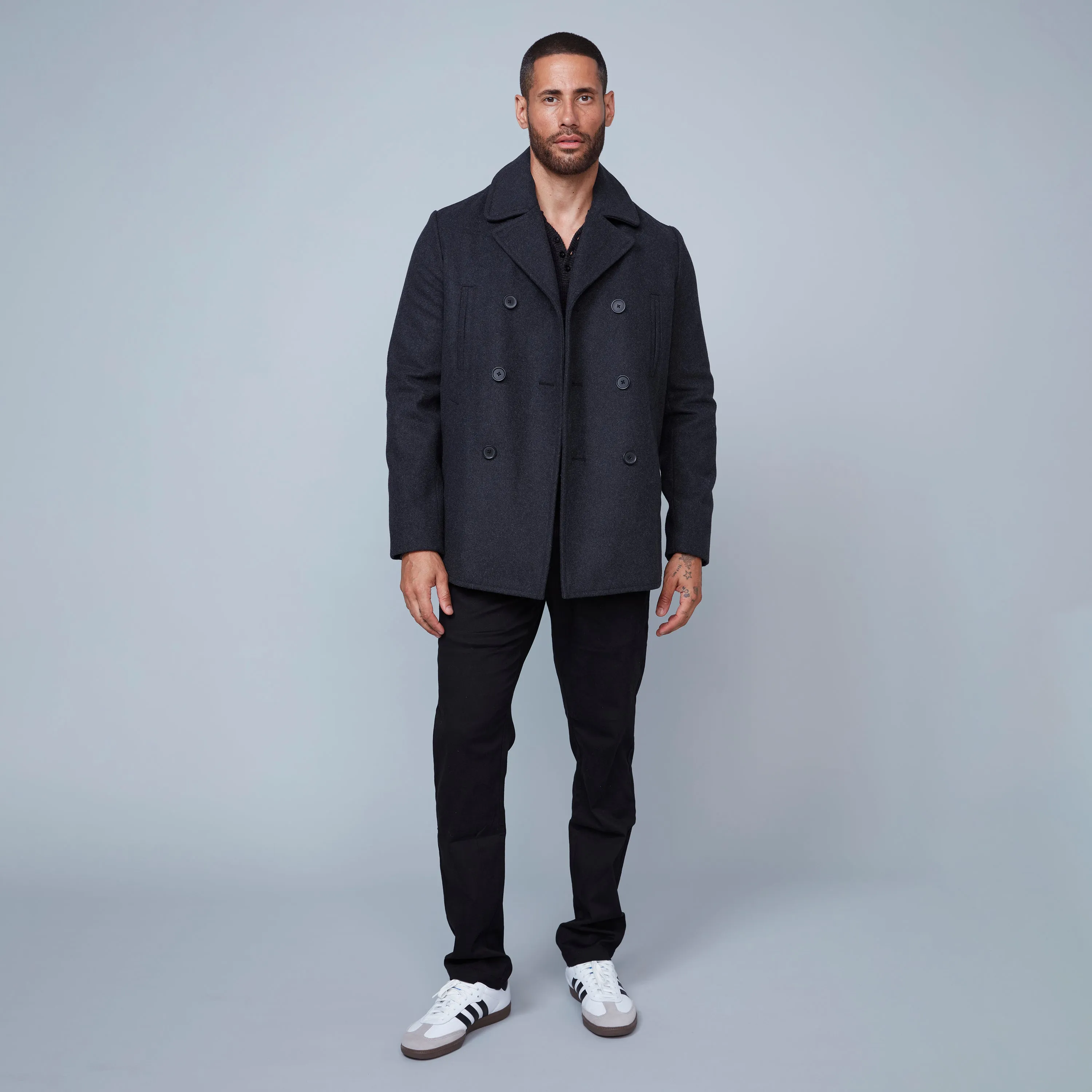 Hedge Men's Short Double-Breasted Peacoat - Charcoal
