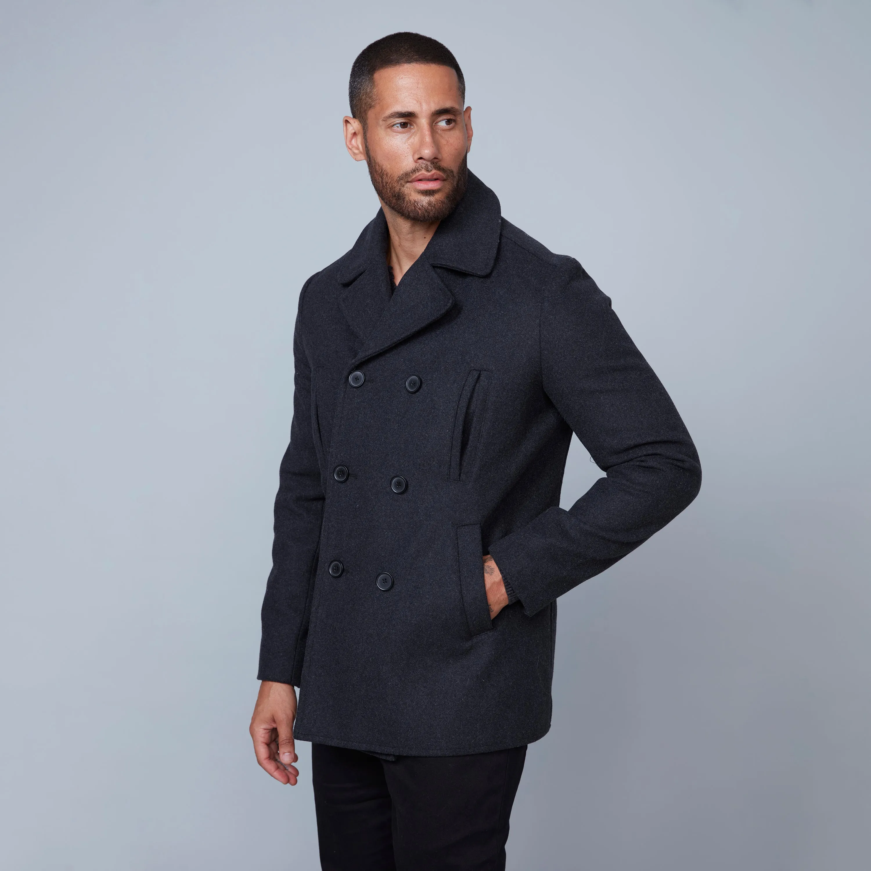 Hedge Men's Short Double-Breasted Peacoat - Charcoal