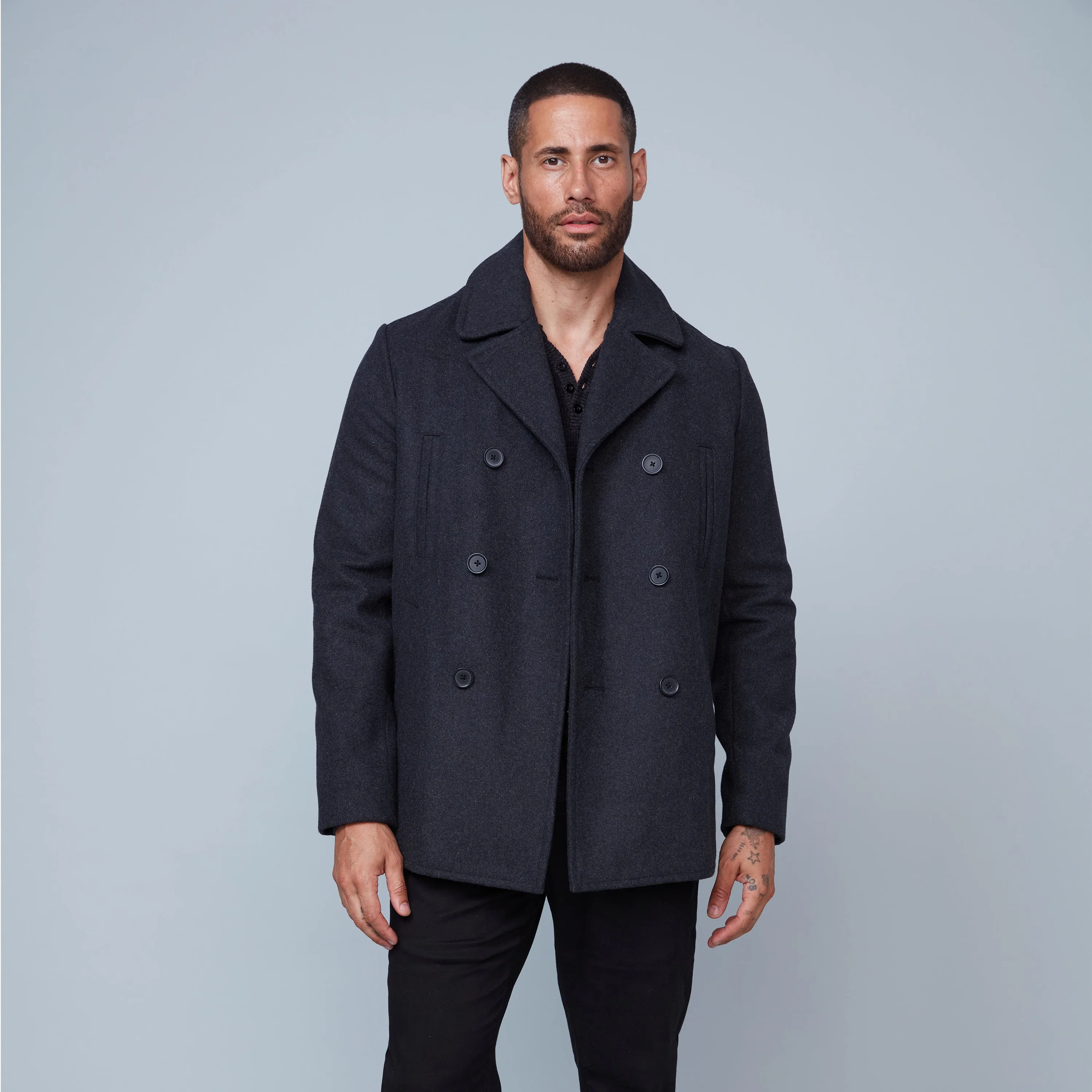 Hedge Men's Short Double-Breasted Peacoat - Charcoal