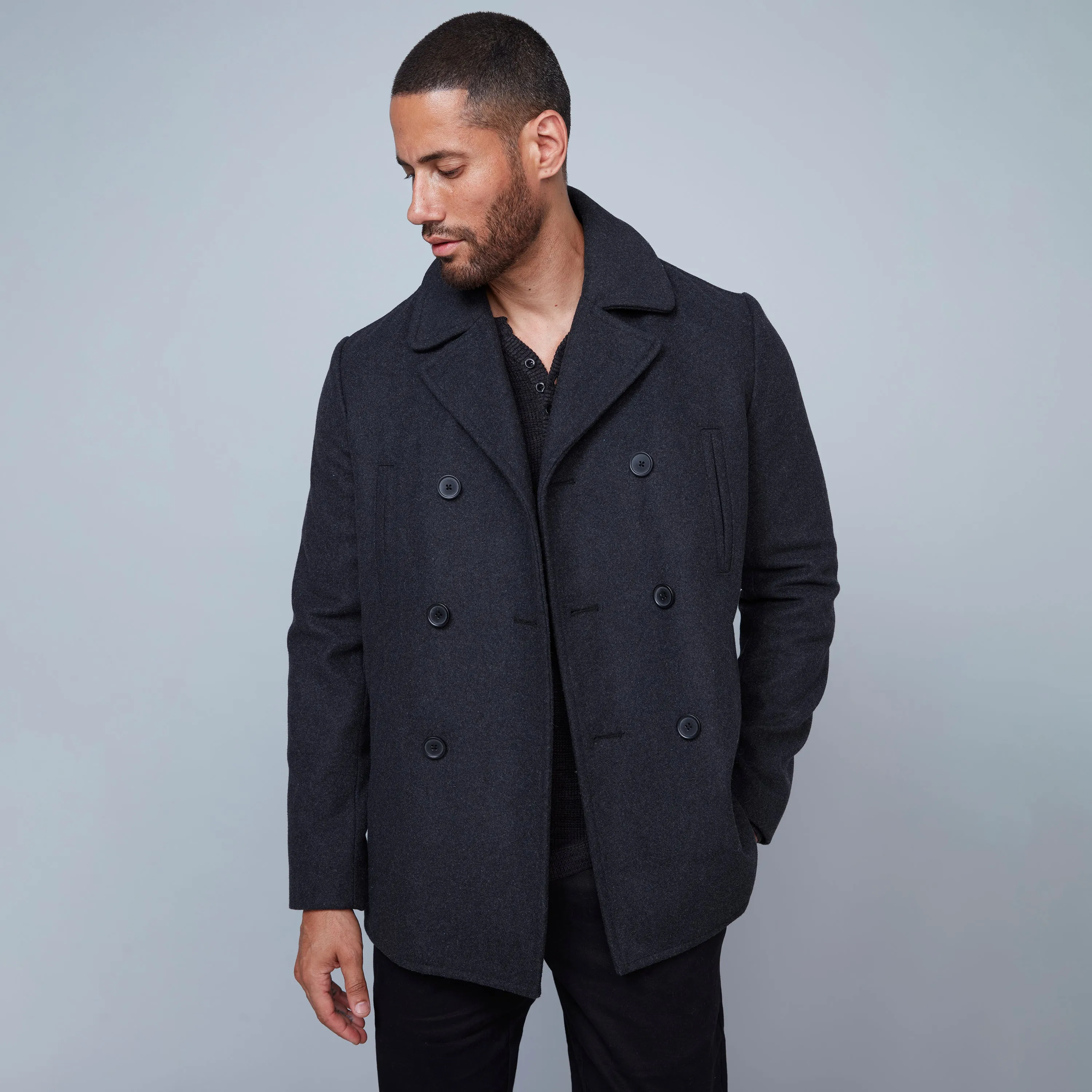 Hedge Men's Short Double-Breasted Peacoat - Charcoal