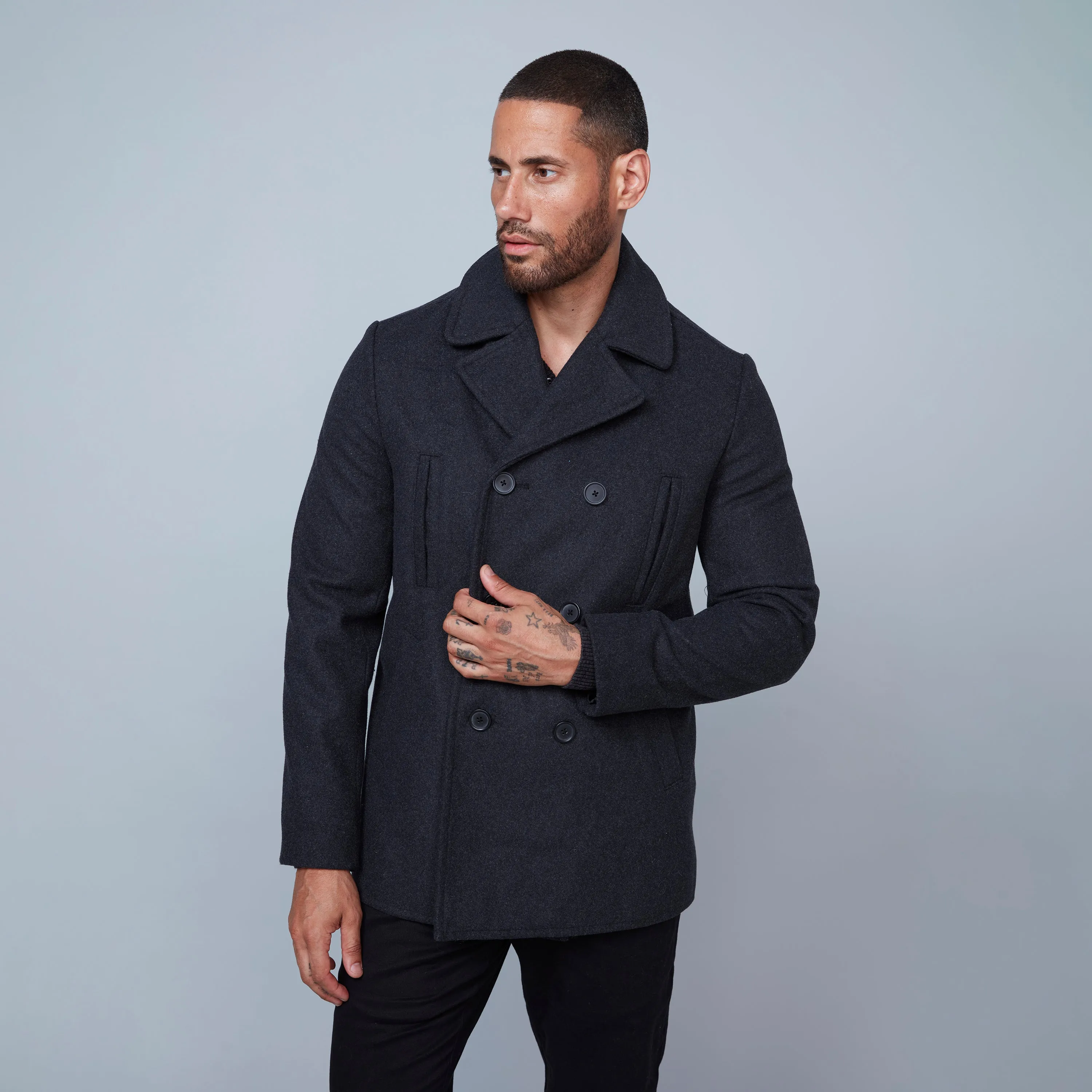 Hedge Men's Short Double-Breasted Peacoat - Charcoal