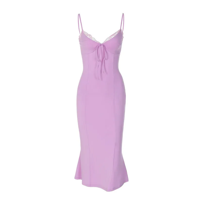 Lace Stitching Slim-Fit Midi Ruffled Slip Dress Wholesale Dresses