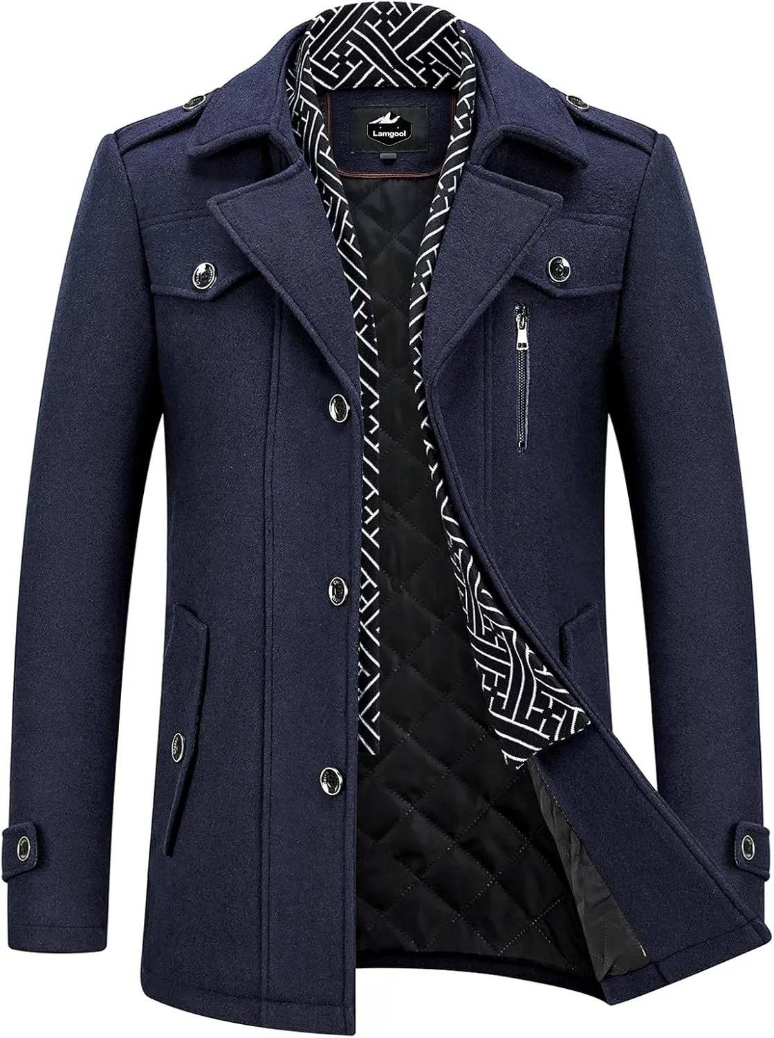 Lamgool Men's Winter Mid Length Wool Blend Coat Single Breasted Peacoat with Removable Scarf