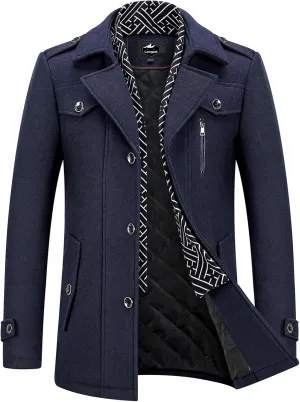 Lamgool Men's Winter Mid Length Wool Blend Coat Single Breasted Peacoat with Removable Scarf