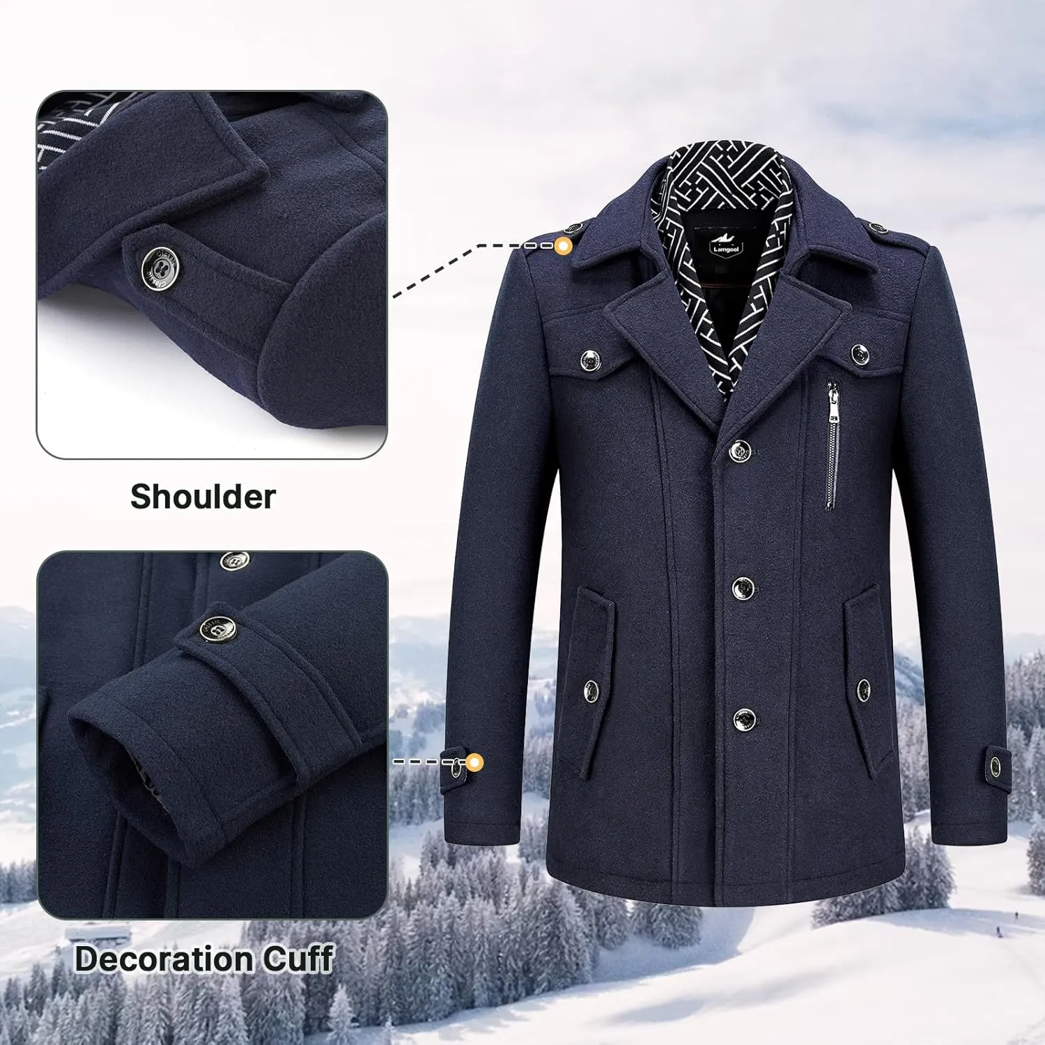 Lamgool Men's Winter Mid Length Wool Blend Coat Single Breasted Peacoat with Removable Scarf
