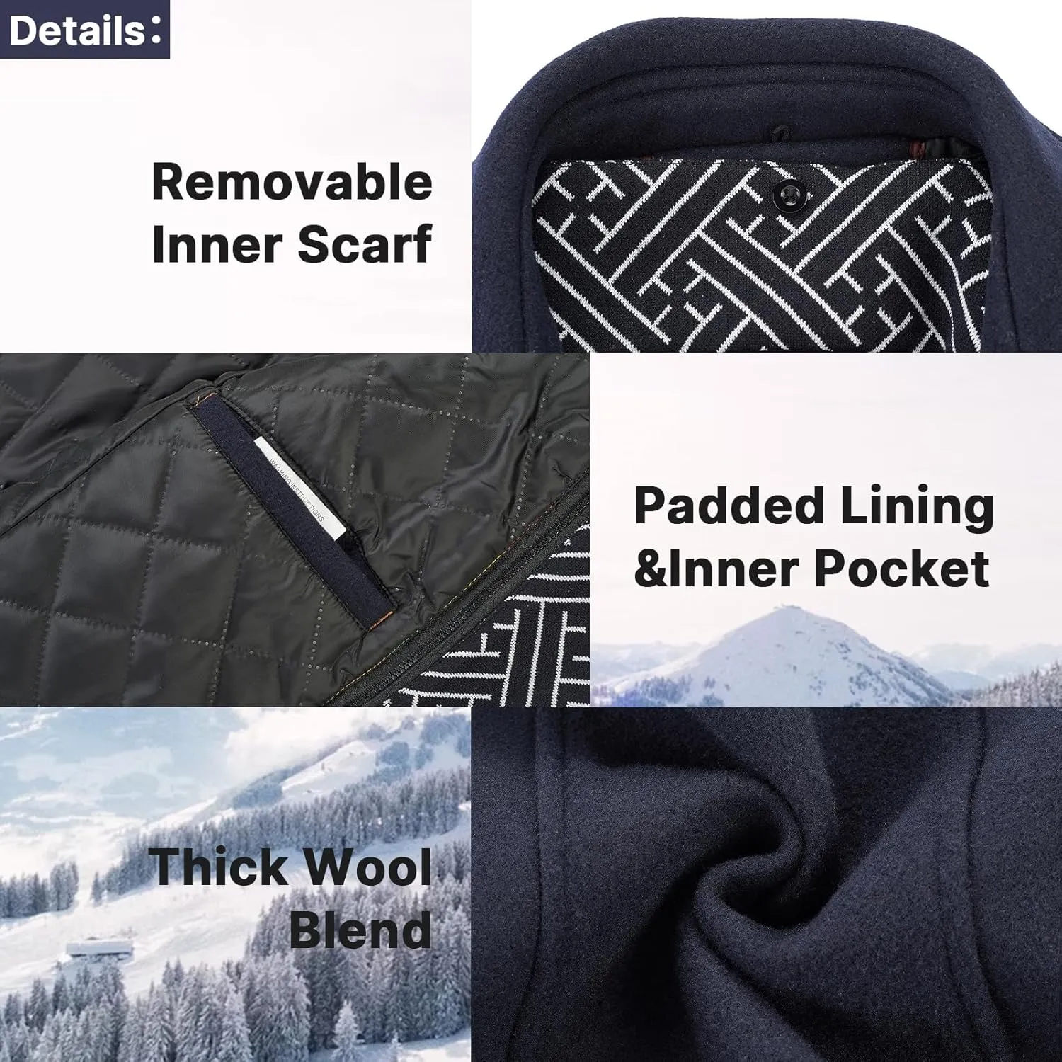 Lamgool Men's Winter Mid Length Wool Blend Coat Single Breasted Peacoat with Removable Scarf