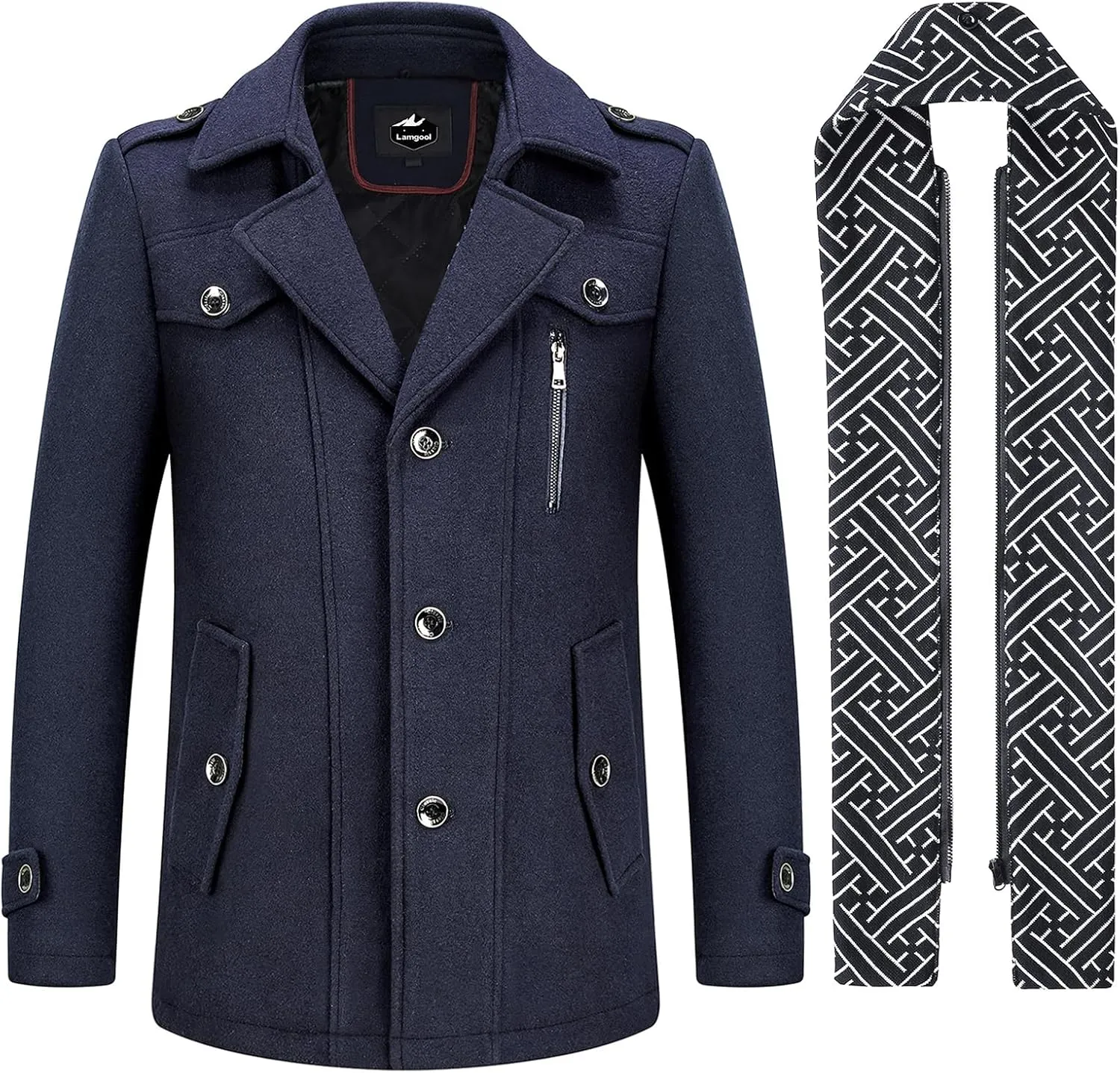Lamgool Men's Winter Mid Length Wool Blend Coat Single Breasted Peacoat with Removable Scarf