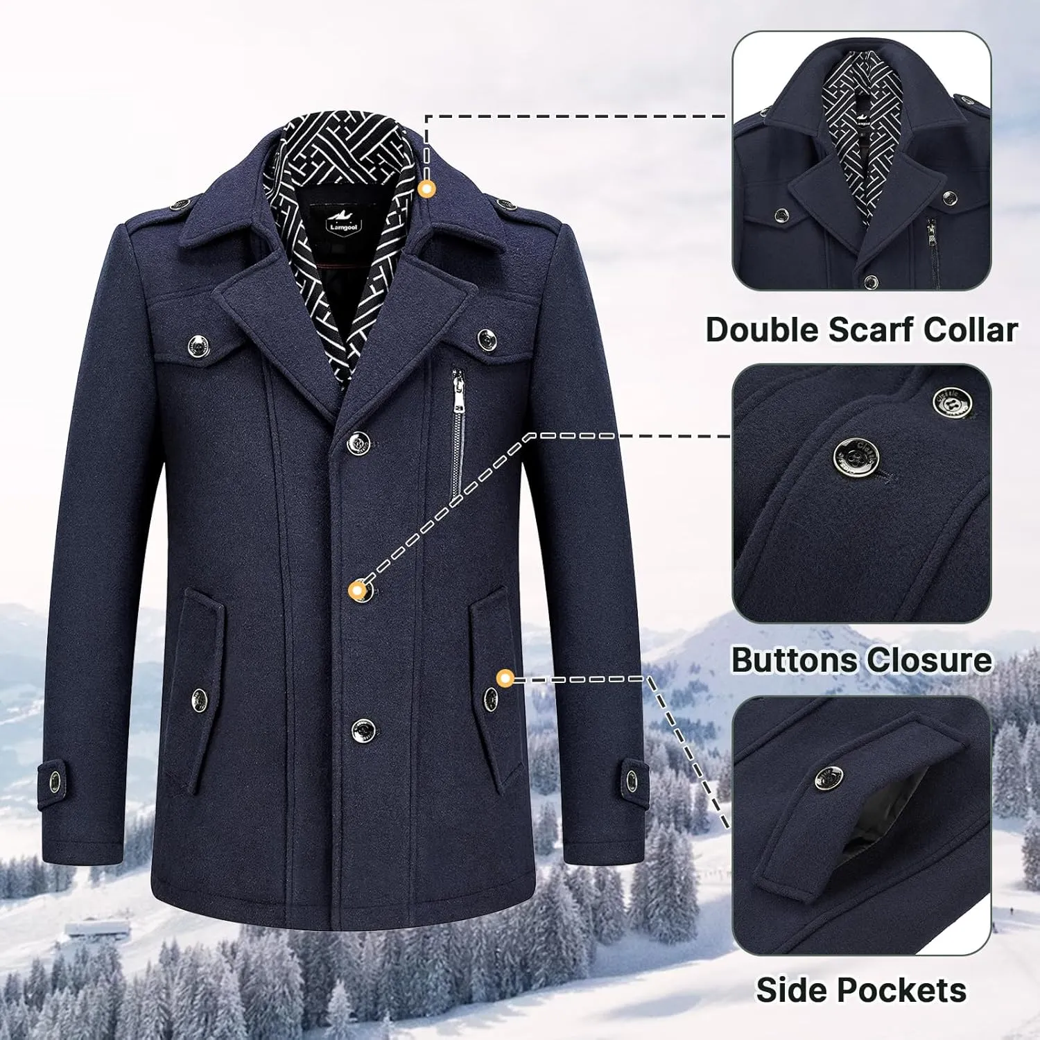 Lamgool Men's Winter Mid Length Wool Blend Coat Single Breasted Peacoat with Removable Scarf